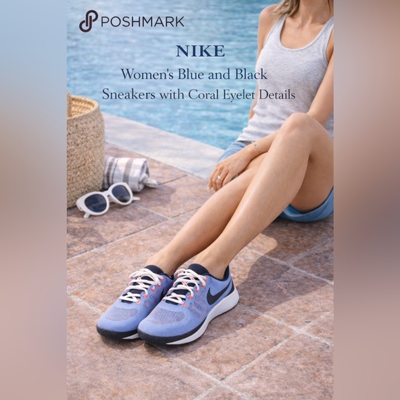 Nike Shoes - Nike Women's Blue and Black Sneakers with Coral Eyelet Details